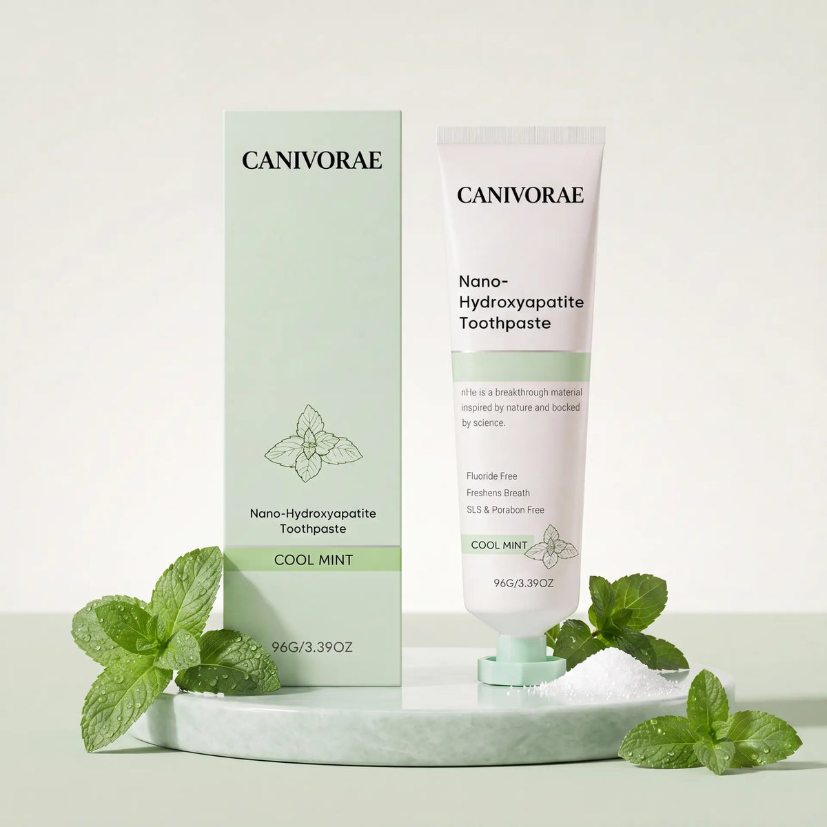 CANIVORAE Nano-Hydroxyapatite Toothpaste, Cool Mint, tube and box
